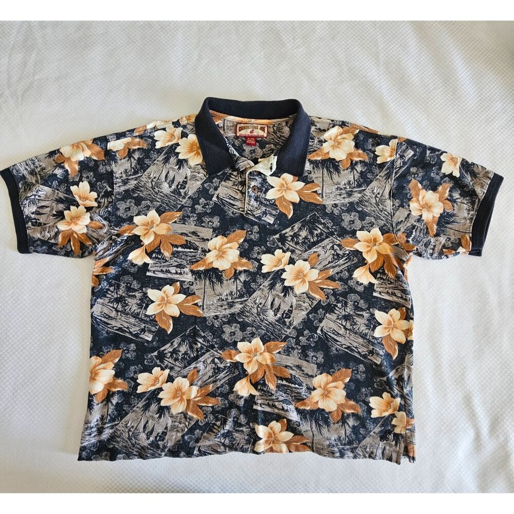 Caribbean Joe Mens Hawaiian Floral Polo Shirt XL Navy/Orange Cotton Blend